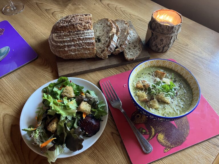 Courgette Soup with sour dough croutons and salad